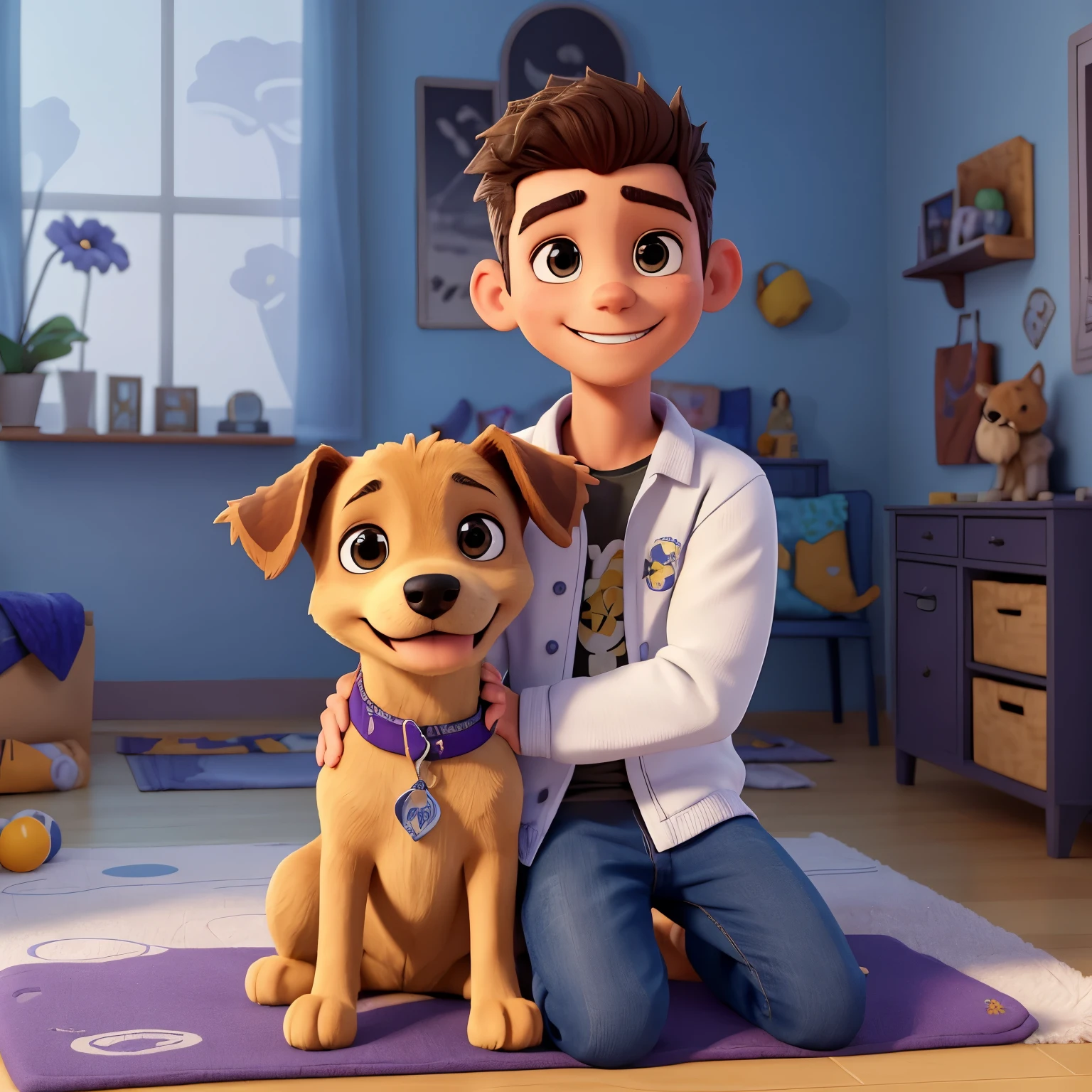 - A young man is sitting on a bed, vistiendo una gorra que dice "LAKERS", una camiseta negra y jeans claros. La persona tiene tatuajes visibles en ambos brazos, que parecen ser de estilo tribal y floral. A light yellow dog with darker spots is being hugged by the person; the dog looks directly at the camera with a happy expression. They are sitting on a blue bedspread adorned with white floral designs, que contrastan con el color oscuro de la ropa de la persona y el pelaje del perro. In the background you can see part of an illuminated room and windows that overlook an urban landscape.