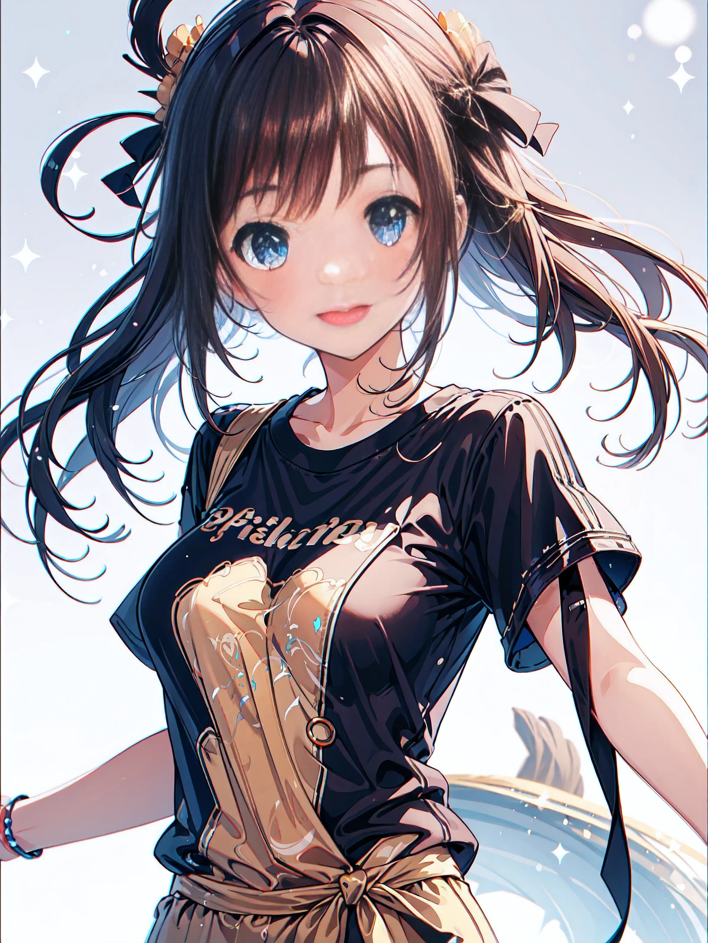 (Currently: 1.5),
(Light brown semi-long hair: 1.2), (Beautiful eyes: 1.2), Blue eyes, Medium big breasts (Baggy T-shirt: 1.5), (Tie your hair: 1.3),
(Costume with ribbon: 1.4), dynamic pose,
(blush: 1.2), (smile: 1.1), close mouth,
(upper body: 1.5), front view,
dynamic angle,
((Pale: 1.2) Vivid colors: 1.2), White background, (Blurred background: 1.7), (Real: 1.2),1girl,