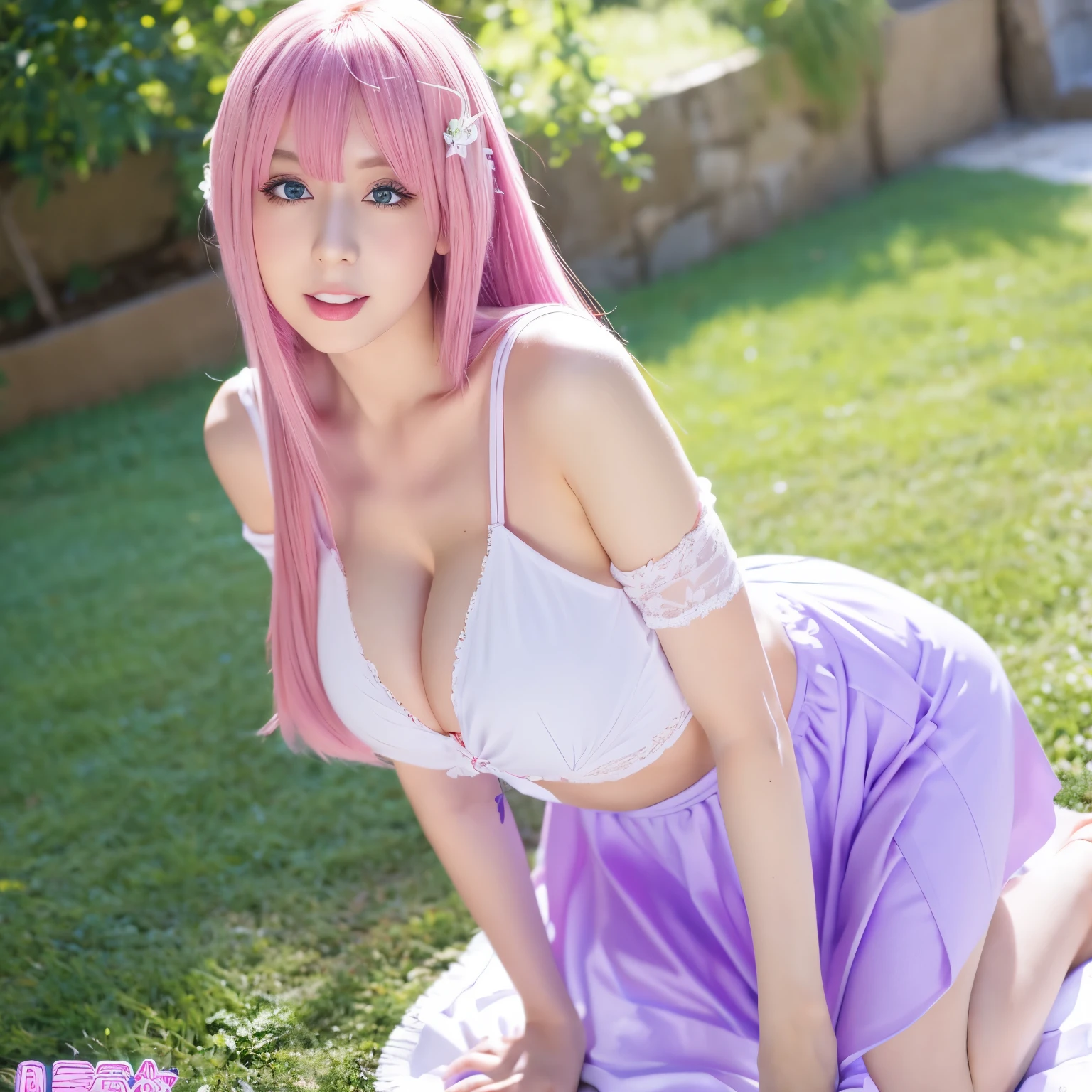 1girl, solo, lacus1, 1girl, solo, pink hair, straight hair, hair ornament, white detached sleeves, blue eyes, white dress, purple skirt, very long hair, bare shoulders, large breasts,ahegao