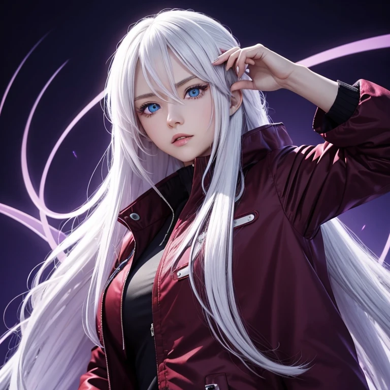 anime, woman with long white hair, blue eyes, wearing a dark red jacket, purple background, with the big title "born for revenge"