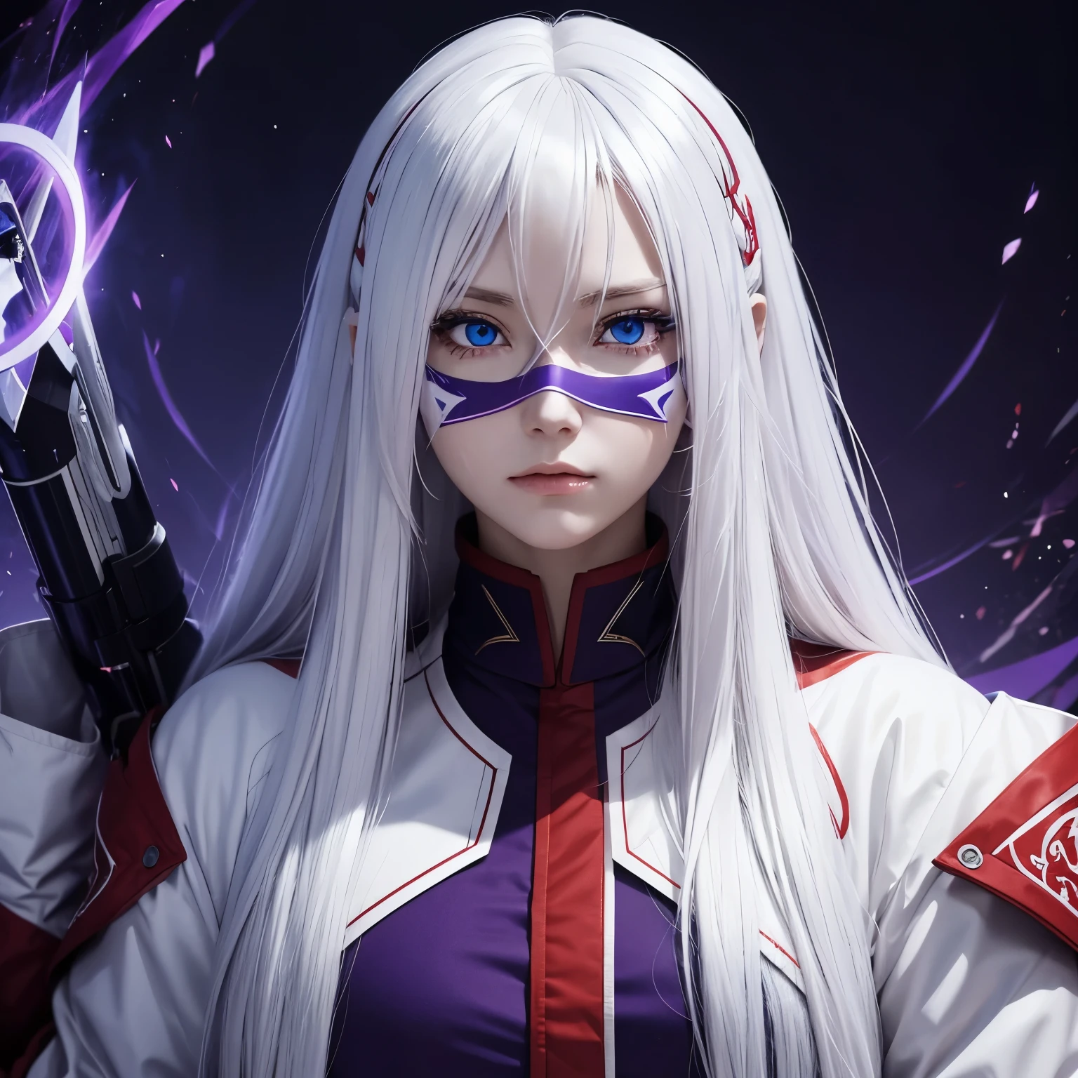 anime, woman with long white hair, blue eyes, holding a white mask, wearing a dark red jacket, purple background, with the big title "born for revenge"