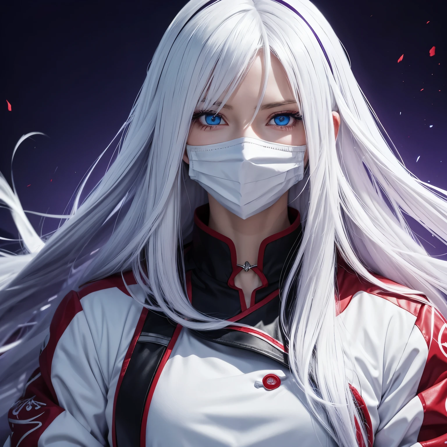 anime, woman with long white hair, blue eyes, holding a white mask, wearing a dark red jacket, purple background, with the big title "born for revenge"