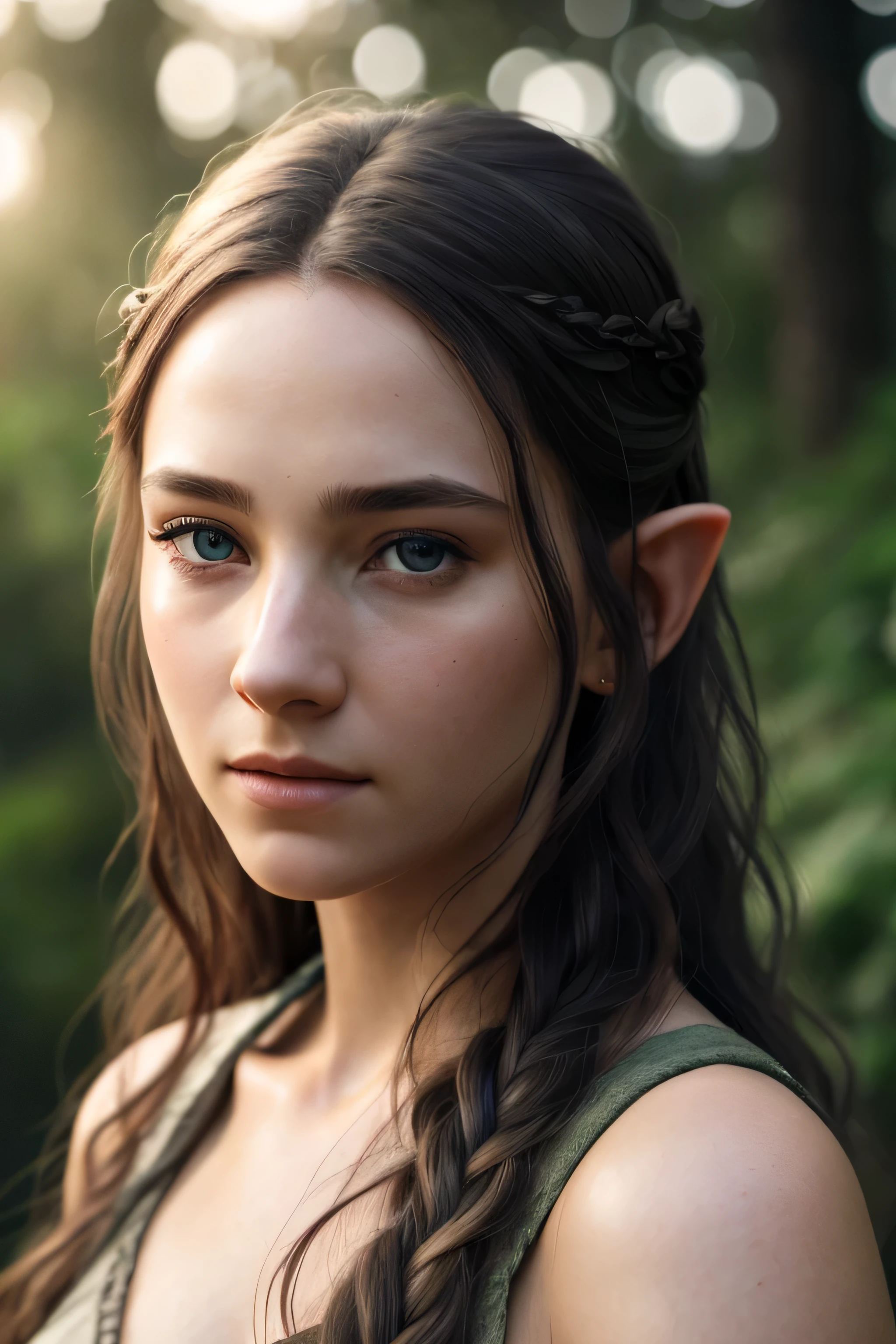 (detailed face, detailed eyes, clear skin, clear eyes), lotr, fantasy, elf, female, full body, looking at viewer, portrait, photography, detailed skin, realistic, photo-realistic, 8k, highly detailed, full length frame, High detail RAW color art, piercing, diffused soft lighting, shallow depth of field, sharp focus, hyperrealism, cinematic lighting