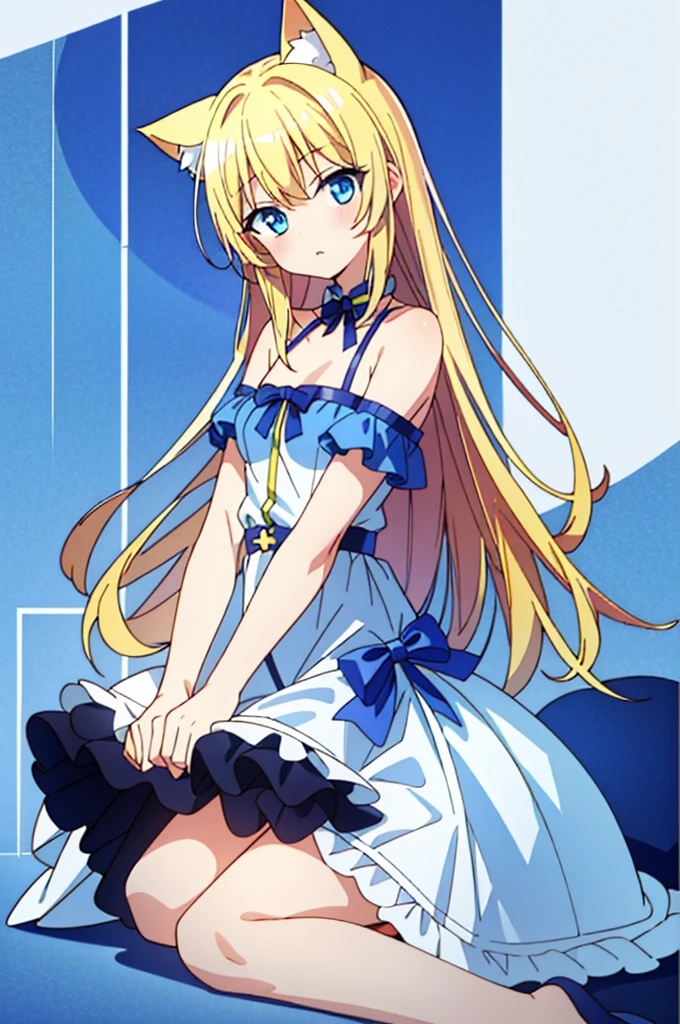 blue eyes、blonde、Cat ear、low length、sitting pose、
