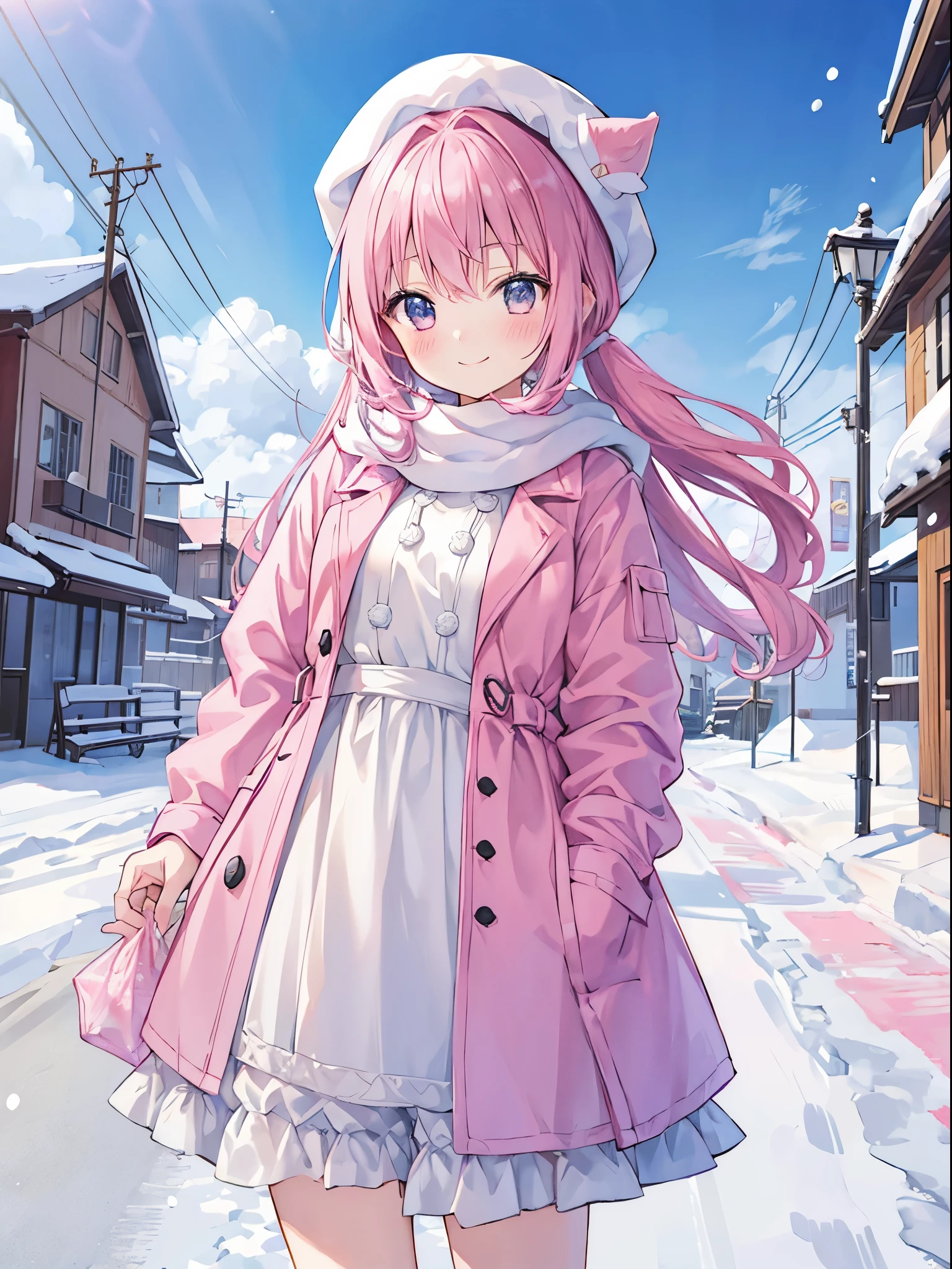 girl with, smile, Pink hair、PastelColors、Cute、blush, tiny chest, snow field, coat
