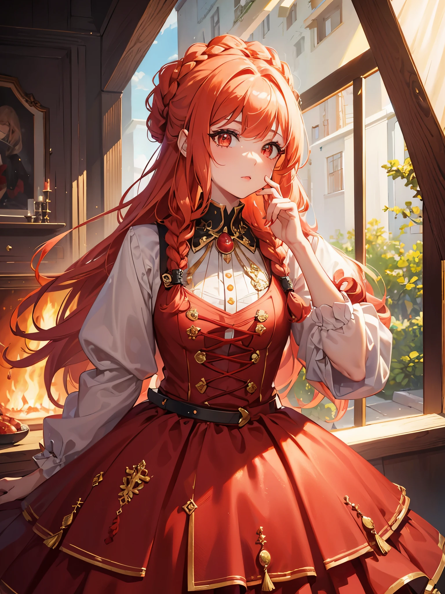 1girl, coral hair, plaits, (scarlet left eye:1.1), (gold right eye:1.1), (scottish style dress:1.1), (idol:1.1), vivid colors, ultra-detailed, photorealistic, portraits, coral tones, ethereal lighting