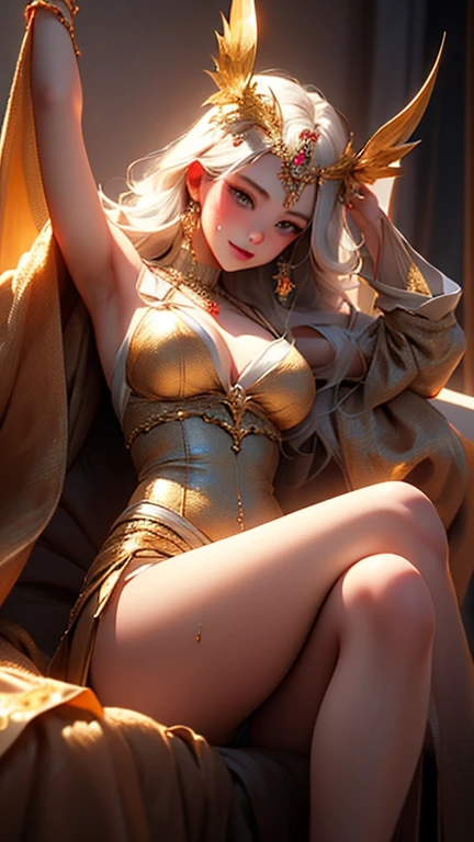 ((best quality)), ((master piece)), (detailed:1.4), 3D, Beautiful female figure,HDR（high dynamic range）,ray tracing,NVIDIA RTX,super resolution,unreal 5,Scattered beneath the surface、PBR texture、post-processed、anisotropic filtering、Depth of bounds written、Maximum clarity and sharpness、multilayer texture、Albedo and specular maps、surface coloring、Accurate simulation of light-matter interactions、perfectly proportioned、octane rendering、two color light、Large Diameter、Low ISO、White balance、Rule of thirds、8K students、 ((A princess in a beautiful, delicate and luxurious red and gold dress with a slit and jewels all over her body.))、(Very cute beautiful sexy beautiful girl、very cute beautiful erotic beautiful girl)、 (sweaty)、 (Very cute Japan woman、very beautiful Japanese woman、famous idol、Japanese woman with a very beautiful face、Japanese woman with a very cute face)、Perfectly proportioned like a gravure idol、Dazzling super beautiful super long blonde silky hair、wavy hair、big chest、have bangs、E cup、beautiful 22 years old、Cute smile、shy smile、full body photo、 (Big, beautiful, shining blue eyes、Wet)、((Composition showing the panties of sitting underwear from the front))、((Composition of a woman who is sitting, lifting her breasts with both arms, and opening her legs wide so that her underwear panties can be seen from the front.))
