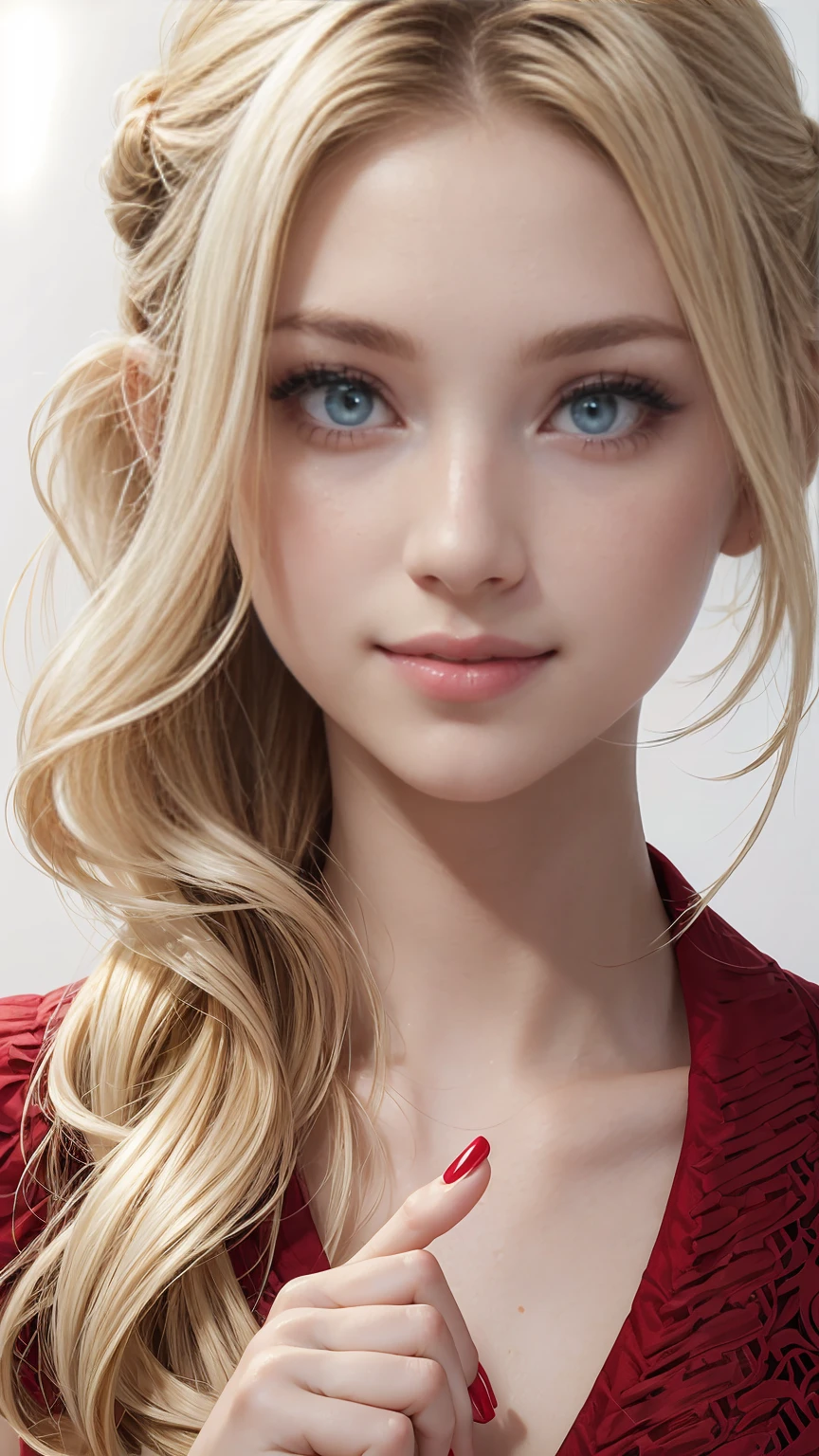 (highest quality, High resolution, masterpiece :1.3), 25-year-old Caucasian woman、platinum blonde、blue eyes、semi-long、my hair is wavy、Hair is tied up、smile、Slender but well-proportioned muscular body、wearing red nail polish、open lips、putting index finger on lips、Upper body close-up