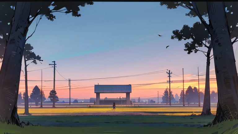 grassy plain at sunset,Trees line both sides of the screen,no buildings,Front view