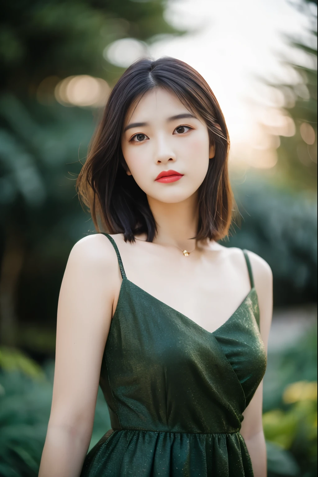 lndswgnr, (sharp focus: 1.5), (sharp focus:1.2), photograph, attractive young woman, (beautiful face:1.1), fine eyes, luscious lips, (Bold red lip color:0.85), (medium breasts:1.0), (Because I&#39;m slender:1.2), wear (1980s Peplum Dresses:1.2) in (botanical garden:1.2). (moody lighting:1.2), Depth of bounds written, Bokeh, 4K, HDR. By (james c. Christensen:1.2|Jeremy Lipking:1.1).