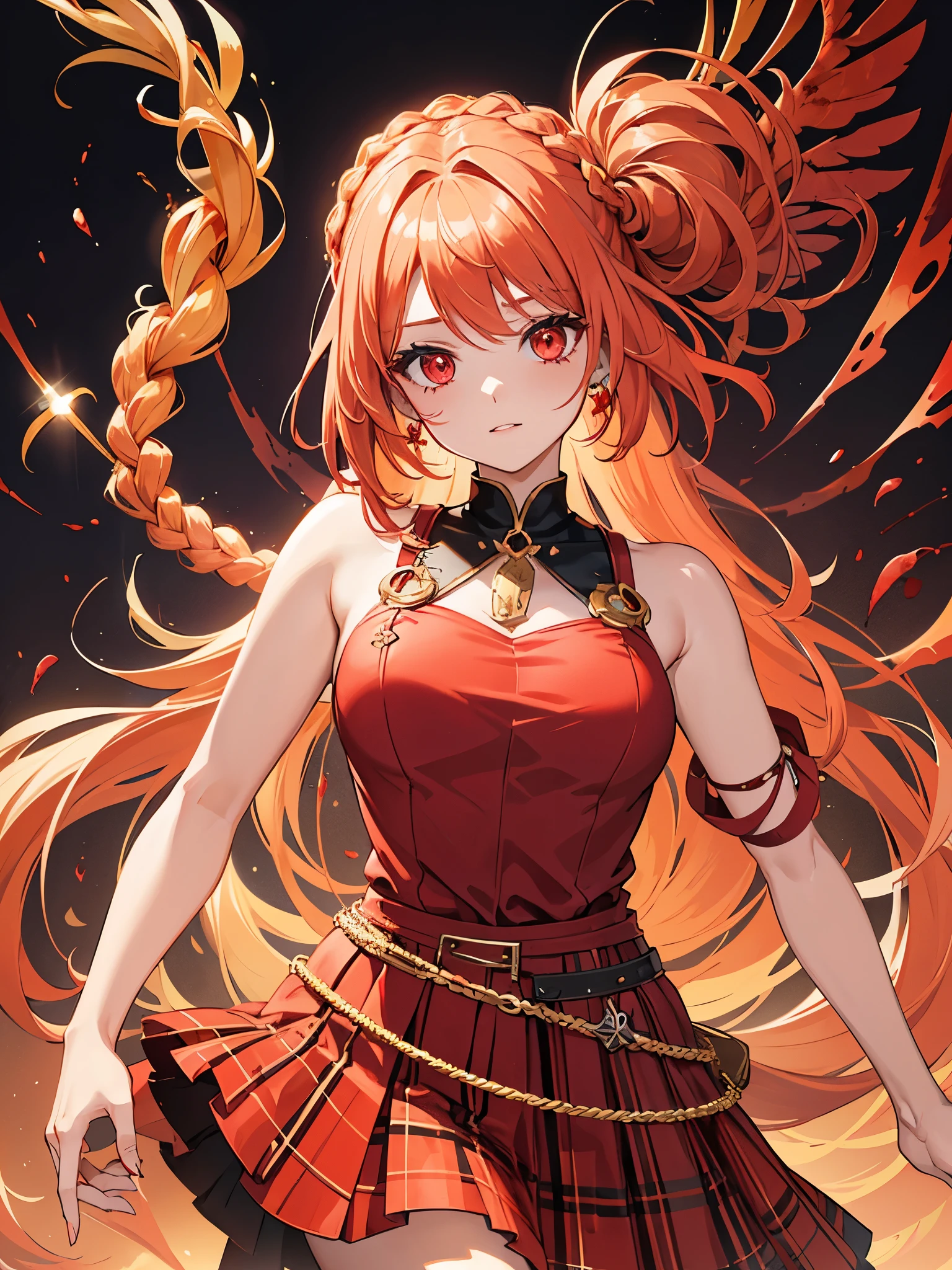 1girl, coral hair, plaits, ((blood red left eye)), ((Golden right eye)), ((scottish style dress)), ((idol))