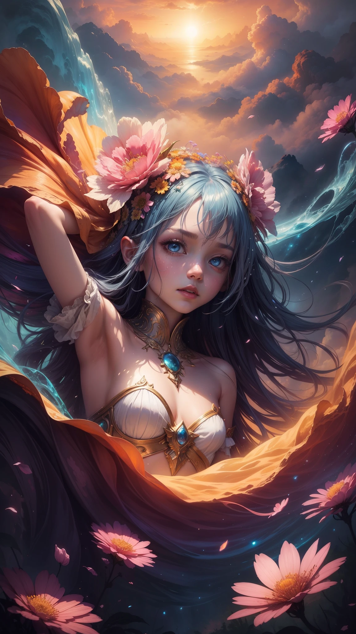 "((Fantasy art)) featuring an alien girl immersed in a celestial symphony, clouds transforming into vibrant splashes, flowers scattered like notes in the wind, a visual orchestration of color and wonder"
