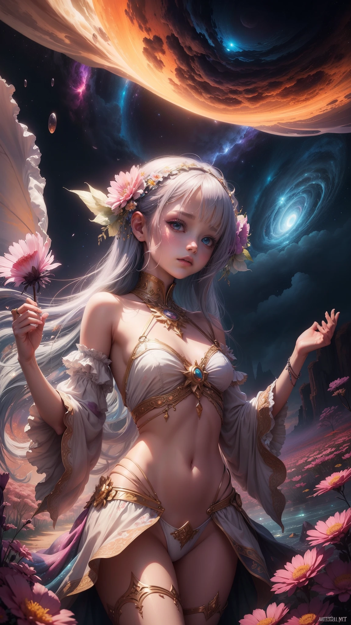 "((Fantasy art)) featuring an alien girl immersed in a celestial symphony, clouds transforming into vibrant splashes, flowers scattered like notes in the wind, a visual orchestration of color and wonder"