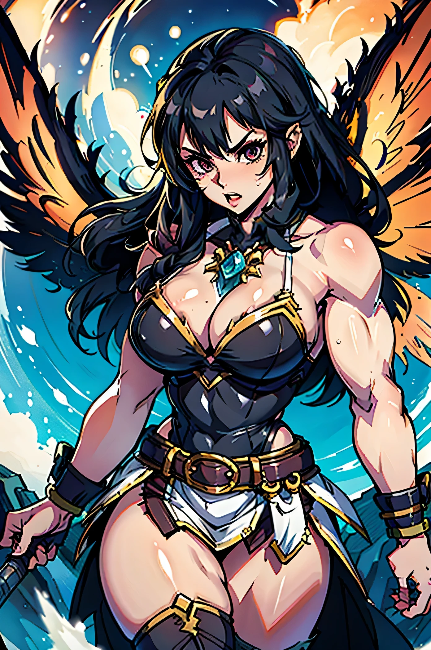 a woman  with a greatsword and barbarian winter clothes, muscular barbarian women, barbarian character design, female barbarian, high quality character design, comic character design, rpg character, extremely pale, extremely muscular tall woman, black hair, screaming barbarian rage, angelic aura, wings made of fire, battle pose