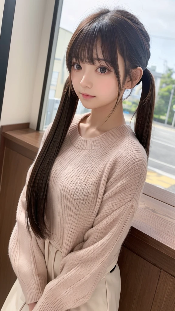 highest quality、8K、ultra high resolution、Super detailed face and eyes、Highly detailed face and skin texture、glowing skin、shiny skin、master piece:1.3、1 girl、A beautiful woman with slim abs as an accent、super detail face、delicate eyes、double eyelid、full shot、ponytail、短めponytail、20-year-old、brown hair、A sloppy smile、An embarrassed face、long sleeve、jeans、Erotic、Eroticチック、sexy、sexyポーズ、Bewitching、((butt、Shooting from the side of the whole body、View from behind、Back Angle))、city