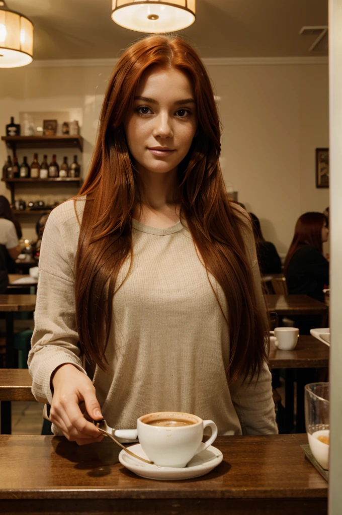 beautiful woman, red hair, long hair, cup of coffee, restaurant, portrait