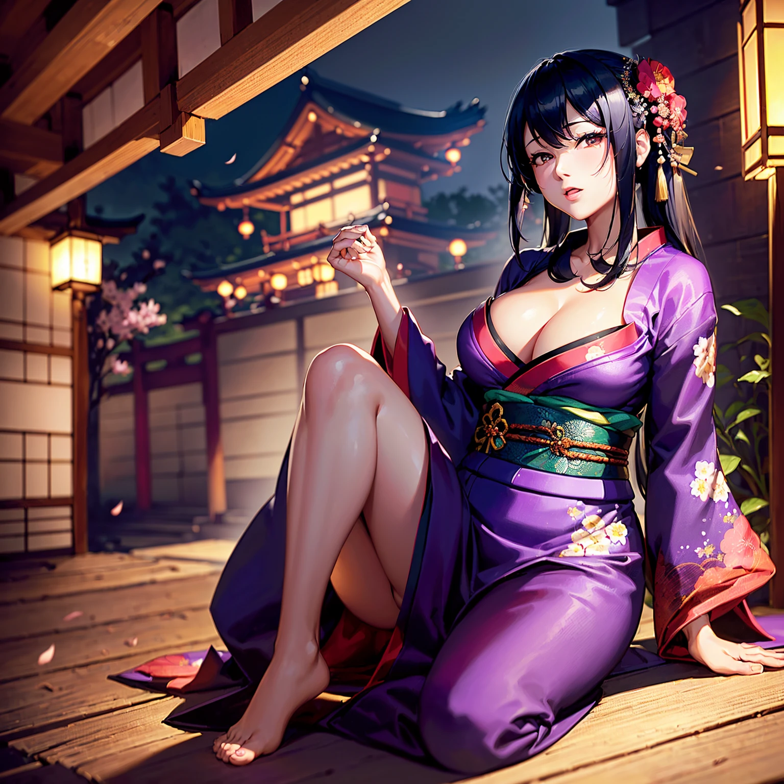 (((highest quality、masterpiece、very high resolution))),(There is one woman who has perfect and ultimate beauty.,beautiful figure,beautiful face,beautiful skin,beautiful breasts),(you have a nice look,open your mouth,cheeks are red),(beautiful hair,Japanese hair,best hair texture),(beautiful breasts:F cup,Best skin texture,I can see the cleavage,I can see my thighs),((wearing a beautiful Japanese kimono,red kimono,purple kimono,Black kimono,Pink kimono,floral kimono)),(There is a sense of dynamism,the wind is blowing,Kimono and hair are affected by the wind、Japanese garden:Night cherry blossoms and lanterns、mysterious night sky、beautiful scenery)、(Beautiful appearance,model pose,model shoot),(best shot,RAW photo)、Realistic portraits,bijinga,Yamato Nadeshiko,Japanese clothing,