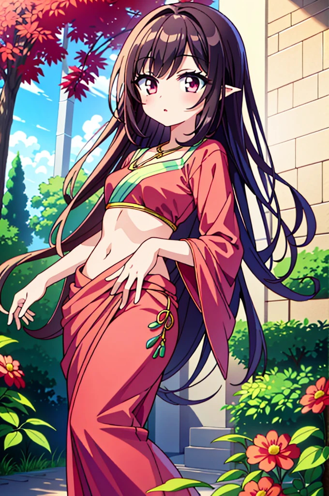 (masterpiece),(highest quality:1.0), (ultra high resolution:1.0), be familiar with illustration, 8K, anime, 1 girl, beautiful anime girl, in saree, wearing a pink saree, cute pose, cute face, be familiar with face, beautiful eyes, dark red eyes, be familiar with eyes, red lips, red lipstick, slightly brown hair, pink flowers in ears, hair highlights, Are standing, red flowers on the tree in the back, open the sky with clouds, be familiar with, Complex, anime style, highly be familiar with