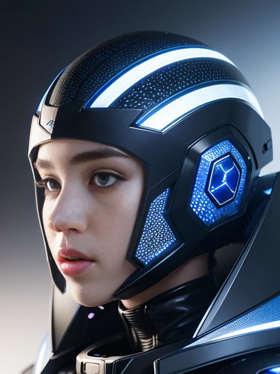 3d render, cgi, symetrical, octane render, 35mm, intricate details, hdr, intricate details, hyperdetailed, natural skin texture, hyperrealism, sharp, dua lipa 1 girl, woman, portrait, freckles, looking at viewer, solo, half shot, detailed background, close up, grey eyes, white short hair, detailed face, futuristic shining digital cobalt armor, hexagonal pattern, cape, high-tech, robotics, high-tech (mask:0.9), head-up display, epic starry outer space in background, sparks, electricity, screens, cinematic atmosphere, nardack,