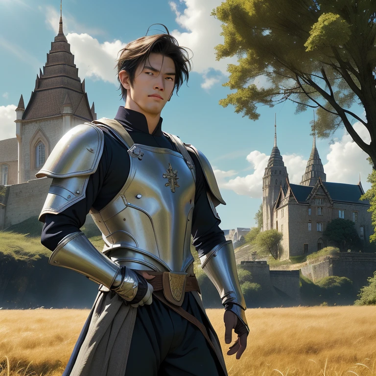 medieval fantasy ,commander man, Handsome Thai , teenager, Take off shirt., Lean body , standing in grass field, gauntlets, castle in background, strong lighting,