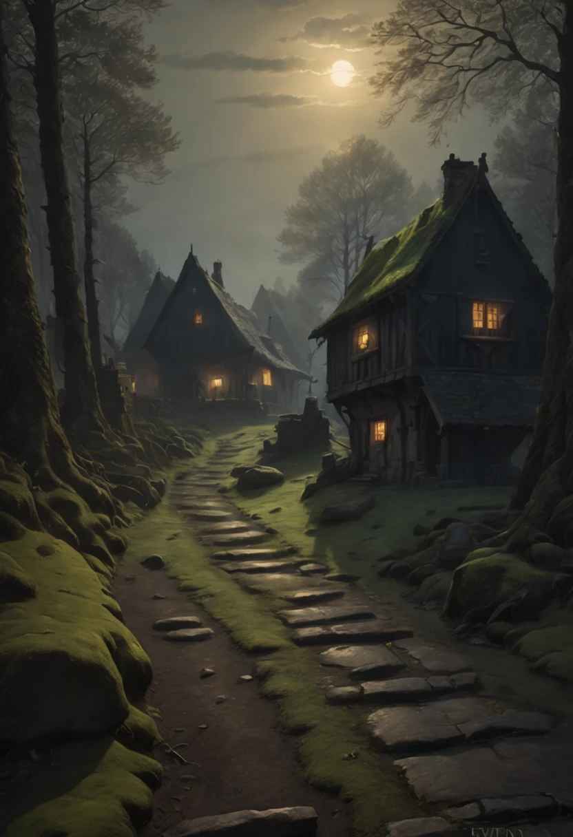 realistic dark oil painting of a medieval village at sunrise, mossy, mist, foggy, Shadow, misterious, Mitical, dark, Rays illuminating the forest, ambient, Depth of bounds written, volume lighting, cinematic lighting, grumpy, heavy darkness, Black sky, low angle perspective, Eivindo Earle