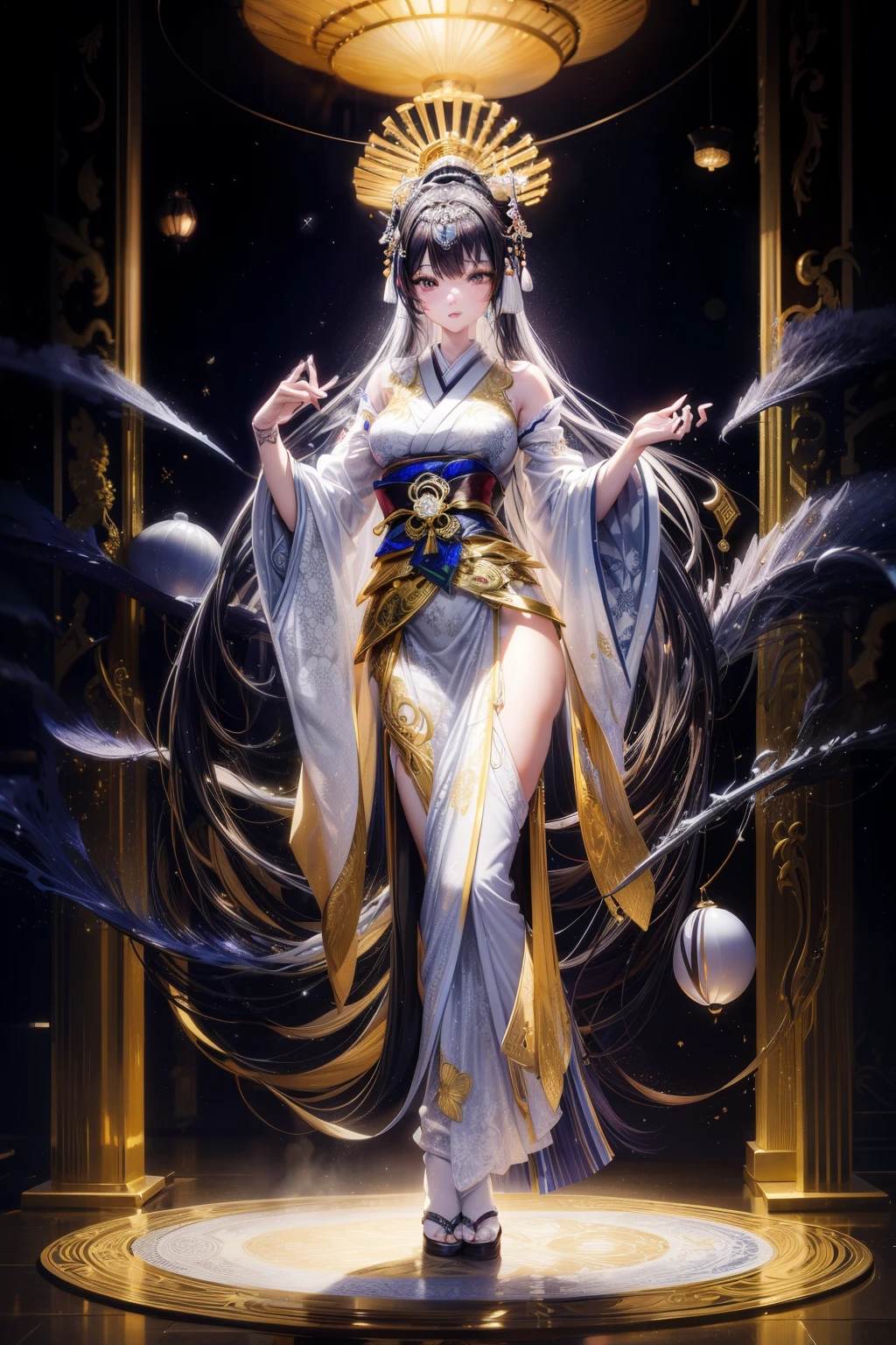 Japanese female photos，20ade white and silver clear glass and plastic, geisha makeup, black hairstyle, Silver and gold metallic interior, dynamic poses, flowing organic structure, Meticulous carving, Lace design, Glowing golden circuit, 七彩neon decoration, Meticulous carving, Lace design, light emitting circuit, neon decoration, H&#39;artistically.r. jiger, Greg Rutowski