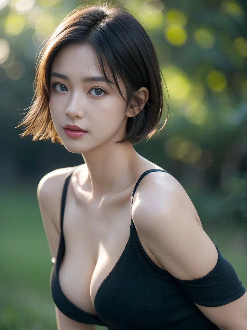 top-quality、masterpiece、超A high resolution、(Photorealsitic:1.5)、Raw foto、Skin Tight Black Top:1.2, Looking at Viewer, Cinematic lighting, Perfect, softlight, High resolution skin:1.2, Realistic skin texture, 30 years old mature woman、Large breasts,a small face、no-makeup、off shoulders, Exposed cleavage, Blue eyes, Short hair,dark brown hair、Bust C Cup、Small breasts、fullnude、green background sexy high,no wear