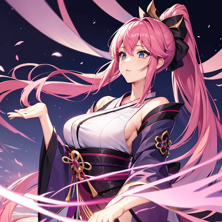 1girl, solo, lacus3, pink hair, short kimono, blue eyes, hair ornament, very long hair, black sleeves, sleeveless, japanese clothes, black kimono, hair bow, ponytail, floating hair, hair between eyes, large breasts,blowjob