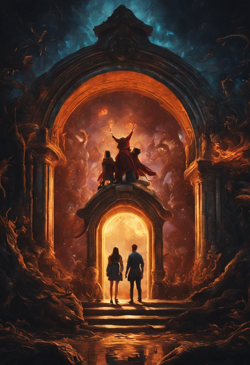 Affiche de film avec deux personnes de dos en pleine nuit devant un portail qui illumine les personnages. There are magical creatures coming out of the portal.