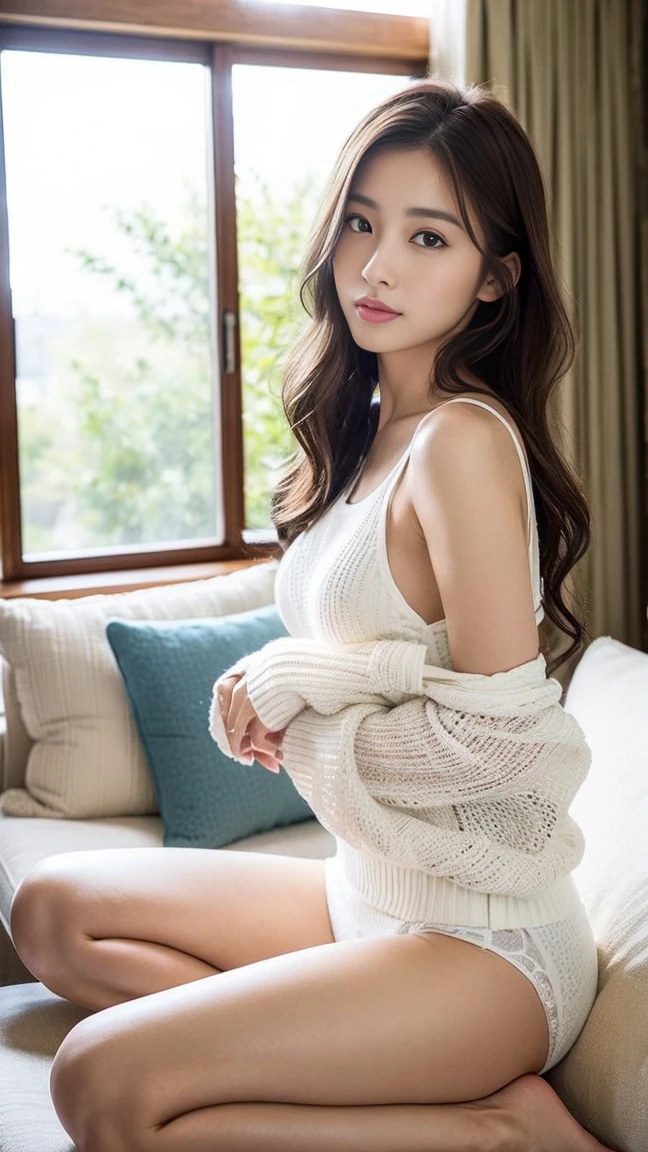 Dark brown hair、Light brown eyes、Japanese actress face、 Lady、I'Iは彼とIが好きです'I'Iは40歳くらいです.、(Intricate details:1.2)、(Which is the top????:1.4)、 (Ultra-high resolution:1.2)、Ultra-high resolution、(Finely tuned)、(Detailed facial features)、Hmph、8k resolution、D cup size breasts、Long Hair、Bright bathroom with sunlight shining in、Large windows、Extravagant space、relax、、,Full body photo、Head to toe shot、Beautiful legs、white Loose sleeveless knit、white、A refreshing room filled with sunlight、she, household items, (plant:0.8), Fashion Hub, Very detailed, Very detailed, Realistic, Hourglass Shaped Body, Obscene pose,、、I cry a lot、tears、whiteい壁、whiteい床、diagonally from below、Wrapped in the curtains by the window, それはIを覗き込む.、A silhouette peeking through the gap in the curtains、Wrap the curtains around your body、