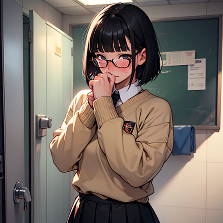 Solo, girl, chubby, short black hair, bob cut, straight bangs, glasses, school uniform, shirt, big sweater, black skirt, blushing, embarrassed, sneaking into school toilet