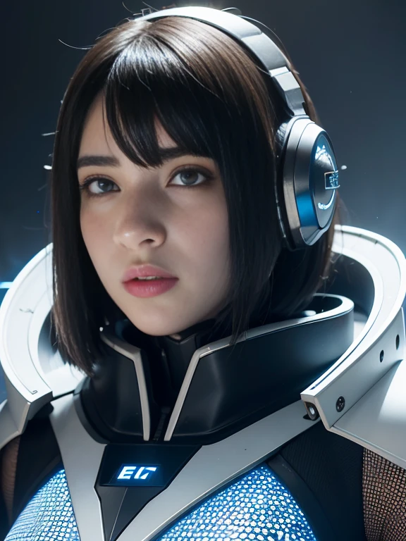 3d render, cgi, symetrical, octane render, 35mm, intricate details, hdr, intricate details, hyperdetailed, natural skin texture, hyperrealism, sharp, dua lipa 1 girl, woman, portrait, freckles, looking at viewer, solo, half shot, detailed background, close up, grey eyes, white short hair, detailed face, futuristic shining digital cobalt armor, hexagonal pattern, cape, high-tech, robotics, high-tech (mask:0.9), head-up display, epic starry outer space in background, sparks, electricity, screens, cinematic atmosphere, nardack,