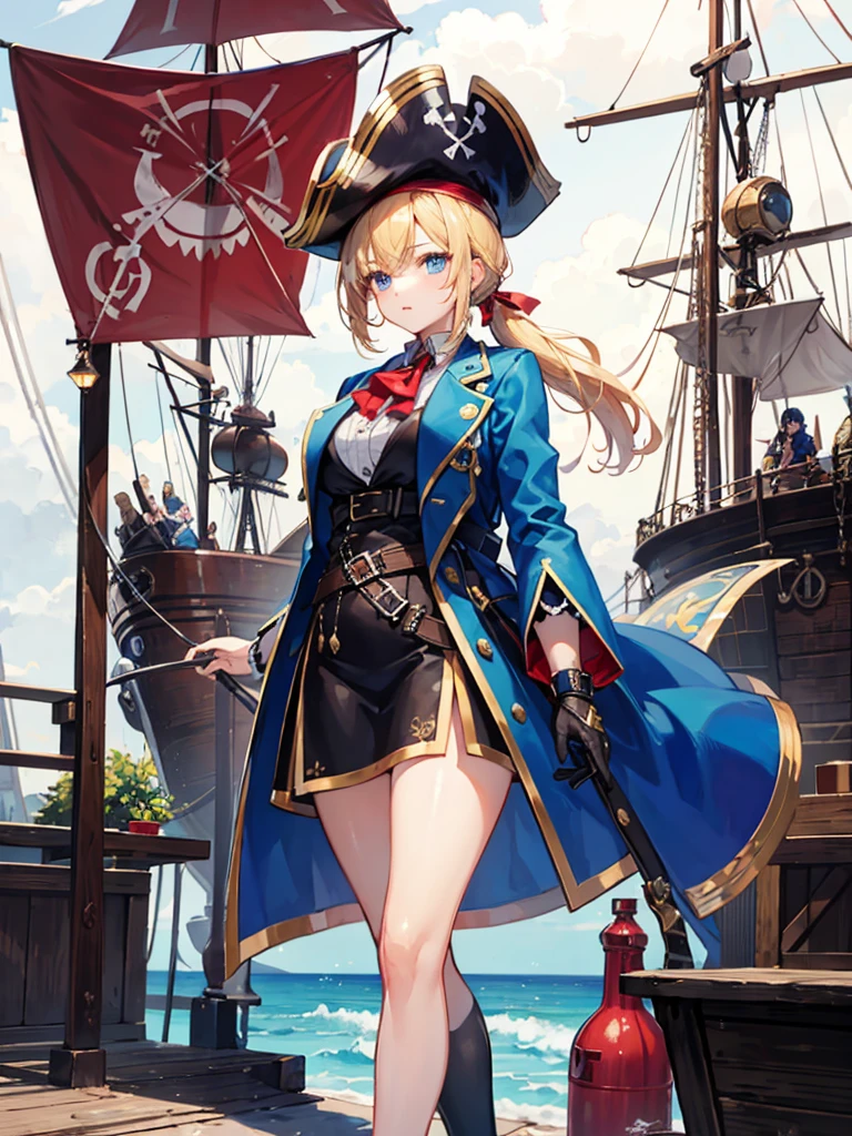 （（（masterpiece、Highest image quality、highest quality、highly detailed unity 8ｋwallpaper）））、（（Illustration of one girl、upper body））、（（（beautiful girl）））、（fantasy、female pirate）、（blonde、short ponytail：1.2、light blue eyes）、（（（The right arm is a steampunk-style prosthetic arm.）））、（（tall））、bulky figure, massive frame, thick neck, sturdy arms, powerful legs、（captain&#39;s suit、Pirate hat、Blue coat）、standing on the pier、pirate ship、Wooden sailing ship