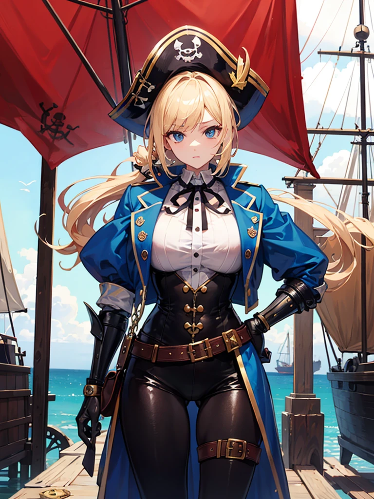 （（（masterpiece、Highest image quality、highest quality、highly detailed unity 8ｋwallpaper）））、（（Illustration of one girl、upper body））、（（（beautiful girl）））、（fantasy、female pirate）、（blonde、short ponytail：1.2、light blue eyes）、（（（The right arm is a steampunk-style prosthetic arm.）））、（（tall））、bulky figure, massive frame, thick neck, sturdy arms, powerful legs、（captain&#39;s suit、Pirate hat、Blue coat）、standing on the pier、pirate ship、Wooden sailing ship