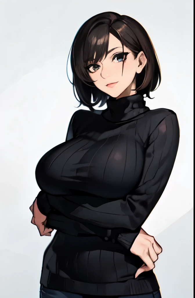 (masterpiece:1.2, best quality), 1girl, solo, milf, mature woman, sharp eyes, large breasts, sweater