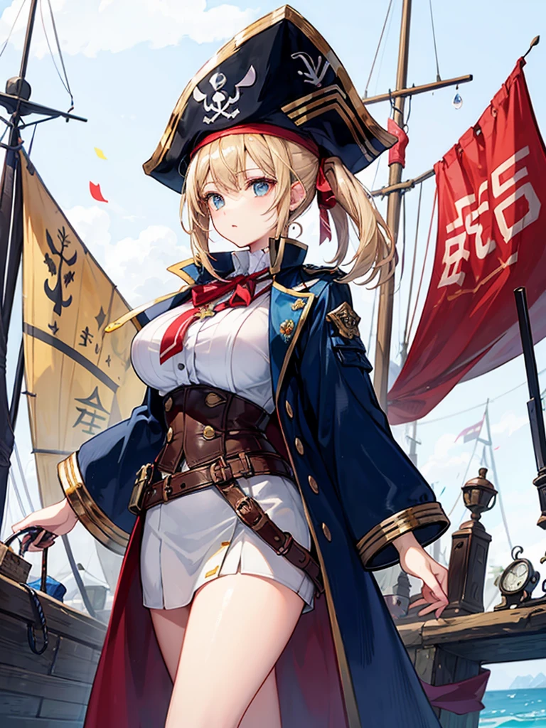 (((masterpiece、Highest image quality、highest quality、highly detailed unity 8kwallpaper)))、((Illustration of one girl、upper body))、(((beautiful girl)))、(fantasy、female pirate)、(blonde、short ponytail:1.2、light blue eyes)、(((The right arm is a steampunk-style prosthetic arm.)))、((tall))、bulky figure, massive frame, thick neck, sturdy arms, powerful legs、(captain's suit、Pirate hat、Blue coat)、standing on the pier、pirate ship、Wooden sailing ship