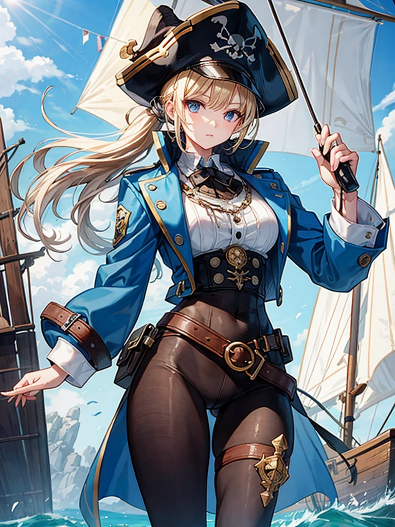 (((masterpiece、Highest image quality、highest quality、highly detailed unity 8kwallpaper)))、((Illustration of one girl、upper body))、(((beautiful girl)))、(fantasy、female pirate)、(blonde、short ponytail:1.2、light blue eyes)、(((The right arm is a steampunk-style prosthetic arm.)))、((tall))、bulky figure, massive frame, thick neck, sturdy arms, powerful legs、(captain's suit、Pirate hat、Blue coat)、standing on the pier、pirate ship、Wooden sailing ship