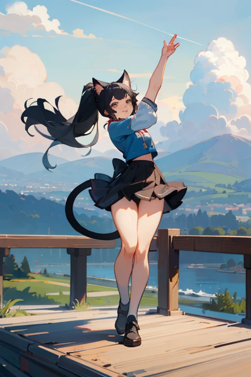 ((highest quality)), ((masterpiece)), (be familiar with), perfect face, beautiful girl , tail , Landscape ,thick thighs, standing position, Stretch your thighs while standing,skirt,black hair,ponytail,Cat ear