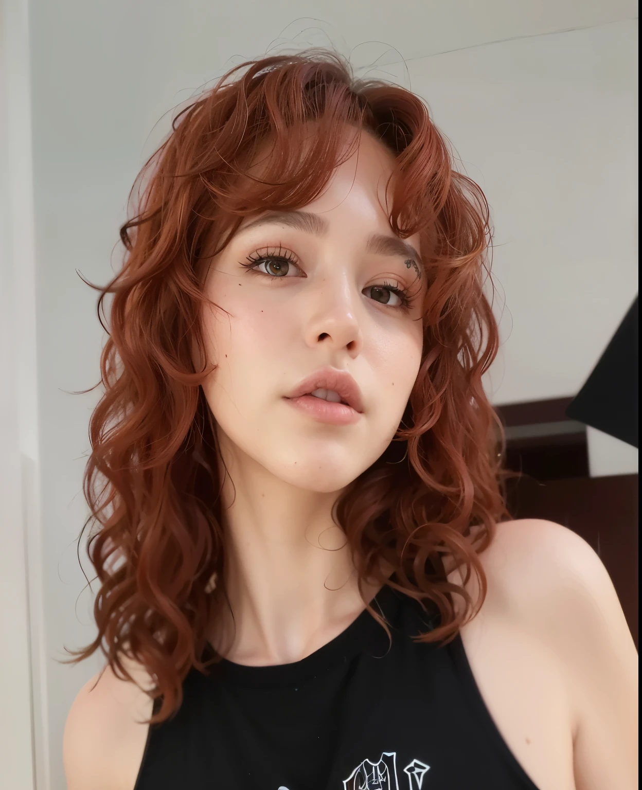 a close up of a woman Con cabello rojo wearing a black top, with Pelo rizado pelirrojo, cabello rizado color cobre, pelo rojo rizado, pelo rojo rizado, flequillo rizado, Pelo rizado pelirrojo, pelo ondulado de jengibre, con pelo largo y rizado, 🤤 girl portrait, pelo largo y rizado rojo, chica pelirroja, foto de perfil en la cabeza, Con cabello rojo, art album, coral brown hair