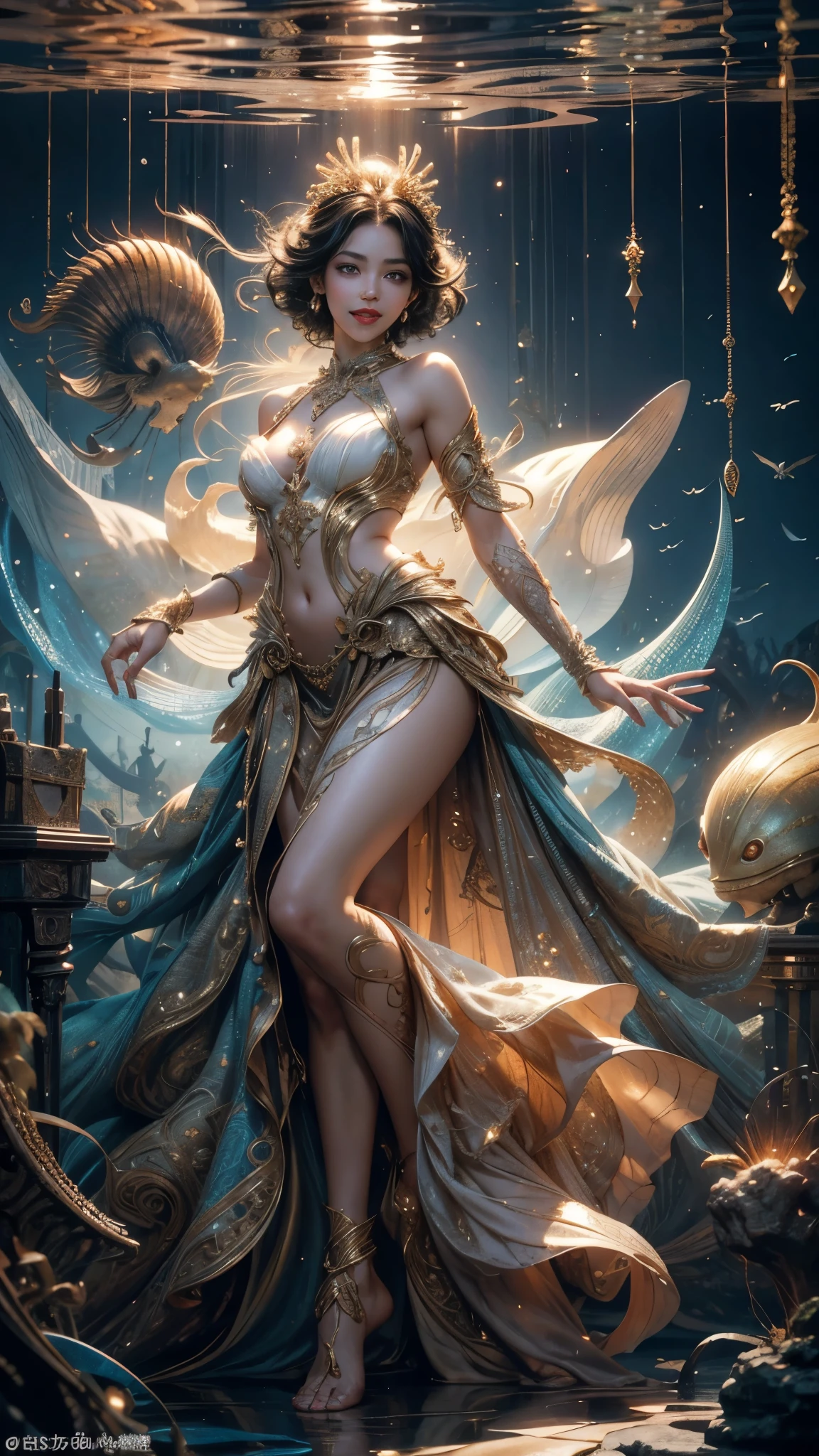 black woman ahgao,silver hair,a heartwarming smile,thick lips,elongated eyes,charming eyes,(Beautiful and detailed eye descriptions),snow white skin,Mature,red lips(Very delicate and beautiful),Super detailed,masterpiece,))smile happily,open mouth,barefoot,without wearing shoes,In the depths of the ocean,(((masterpiece),(Very detailed CG unity 8k wallpaper)),best quality,light,detailed background,Sexy gesture,(Correct face shape 1.6)(wear:Red suspender dress,soaked,metal trim,skirt,),飘逸的skirt,Exposing arms,(background with:Ruins of Atlantis,),(at your feet:Destroyed buildings,)Deep background,marvelous and unbelievable,epic work,(intricate details,Ultra-detailed:1.2),art station,(masterpiece,best quality)Surrealism, shadow, relief, Stereo view, perspective, 影院light, 8k, Super details, precise, best quality, high resolution, Award-winning, anatomically correct,sea water foam, bubble, shell, fish, pearl,Nautilus,plant,jellyfish,coral,Retro Style,(Zentangle,mandala,tangled,entangled), (fractal art: 1.3),Divine light,gold foil,gold foil艺术,Flash drawing,