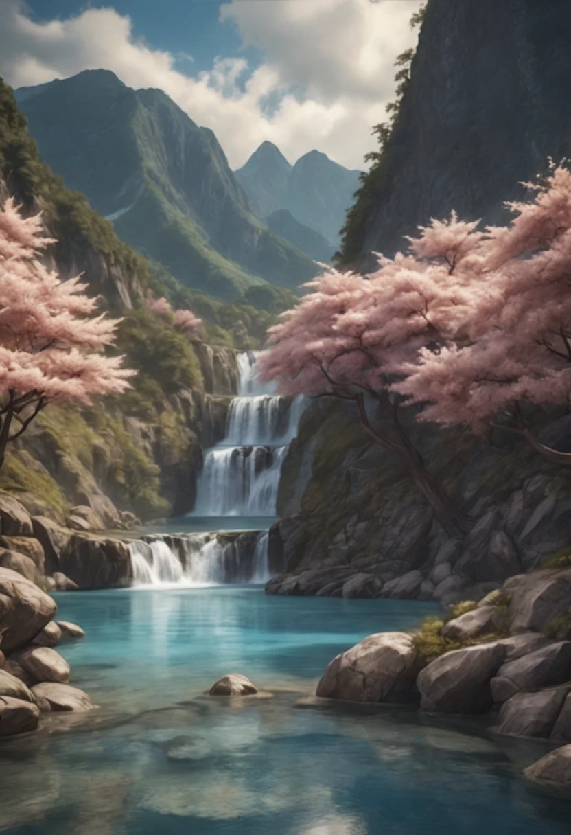 masterpiece, 最high quality, high quality, Highly detailed CG Unity 8K wallpaper, landscape, outdoor, null, cloud, null, there are no humans, Mountain, landscape, water, wood, blue null, waterfall, cliff, nature, lake, river , cloudy skies, award winning photography, Bokeh, Depth of bounds written, HDR, bloom, chromatic aberration, photorealism, very detailed, Trending with ArtStation, trending on cgsociety, Complex, high detail, dramatic, mid journey art