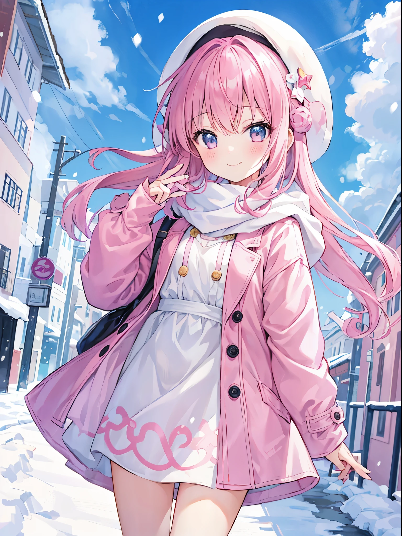 girl with, smile, Pink hair、PastelColors、Cute、blush, tiny chest, snow field, coat