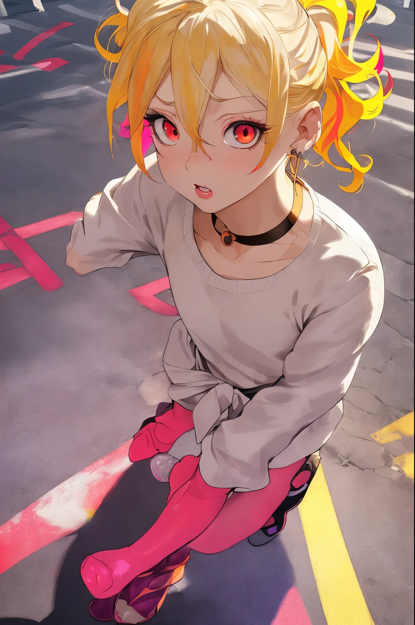Upper body standing painting, yellow style, (1 ), (alone), (cent, small), long blonde hair, looking at the viewer, Blue eyes background, white background, gem, Jacket, golden hair、straight hair, right ear ring, red eyes, choker necklace, sweater, eyelash, cosmetics, curly, punching, lipstick, ear piercing, eye shadow, hoop earrings, Red-pink lips, multicolored eyes, Yellow theme, 赤いeye shadow,Wearing a rainbow-colored aura from the whole body、purplish color, outdoor, Purple background, Shadow lighting,Hands folded behind the waist,Decisive pose、Detailed CG, (perfect hands, perfect anatomy