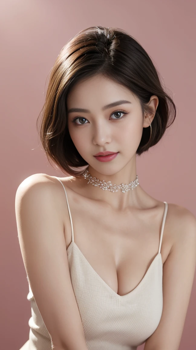 Beautiful korea Woman, Large breasts,Very , Looking straight at the camera, big breasts looking directly at the camera, sexy expression, chest between arms to make cleavage, shows chest, coquettish smile, happy smiling, Smile, Glossy skin, Big Eyes, highlights in the pupils, Clear eyes, clear double eyelids, eyeslashes, long neck, beautiful short hair, glossy dark black hair, bangss, pure white background, empty background, pink color shirt, pink On-Shoulder, shoulder strap, Choker, ears out, arm out, Clothes close to naked body, beautiful belly buttontop-quality、masterpiece、超A high resolution、(Photorealsitic:1.5)、Raw foto、Skin Tight Black Top:1.2, Looking at Viewer, Cinematic lighting, Perfect, softlight, High resolution skin:1.2, Realistic skin texture, 30 years old mature woman、Large breasts,a small face、no-makeup、off shoulders, Exposed cleavage, Blue eyes, Short hair,dark brown hair、Bust C Cup、Small breasts、fullnude、green background sexy high,no wear