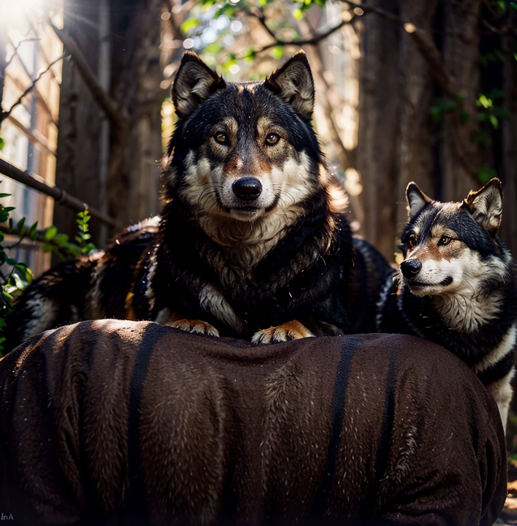 photorealistic wolf. Patience and wisdom in his eyes. High details, Backlit. Soft dark lights. 
