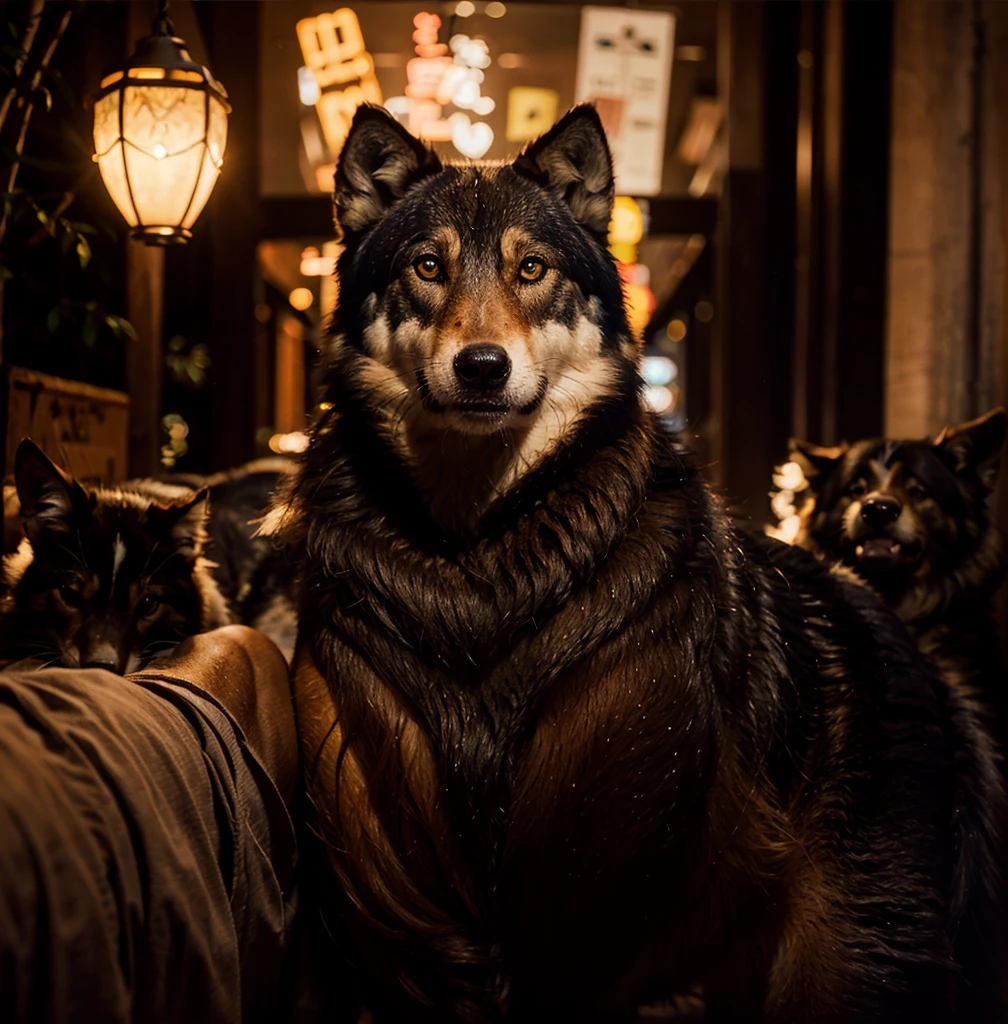 photorealistic wolf. Patience and wisdom in his eyes. High details, Backlit. Soft dark lights. 

