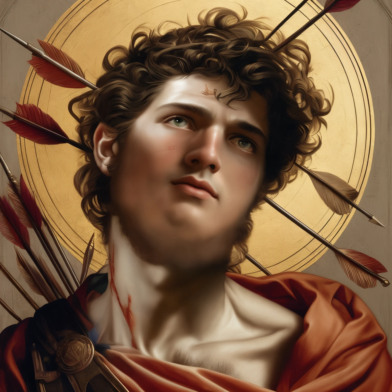 um close de uma pintura de um homem com flechas, pintura digital do mito grego, caravaggio e artgerm, pintura digital renascentista, Retrato de Aquiles, pintura digital barroca, inspirado em Romano Vio, by Pogus Cesar, arte renascentista de hiper-realismo, deus grego, Alexandre, portrait of the demigod Hercules, portrait of deus grego ares, por Galen Dara