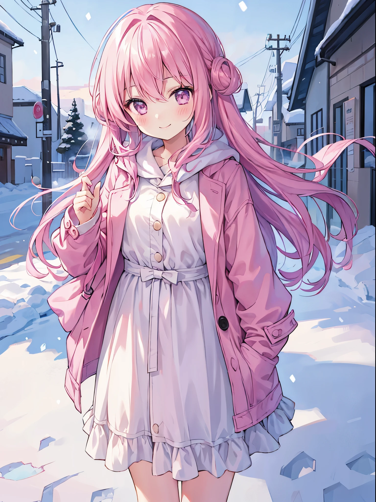  girl with, smile, Pink hair、PastelColors、Cute、blush, tiny chest, snow field, coat