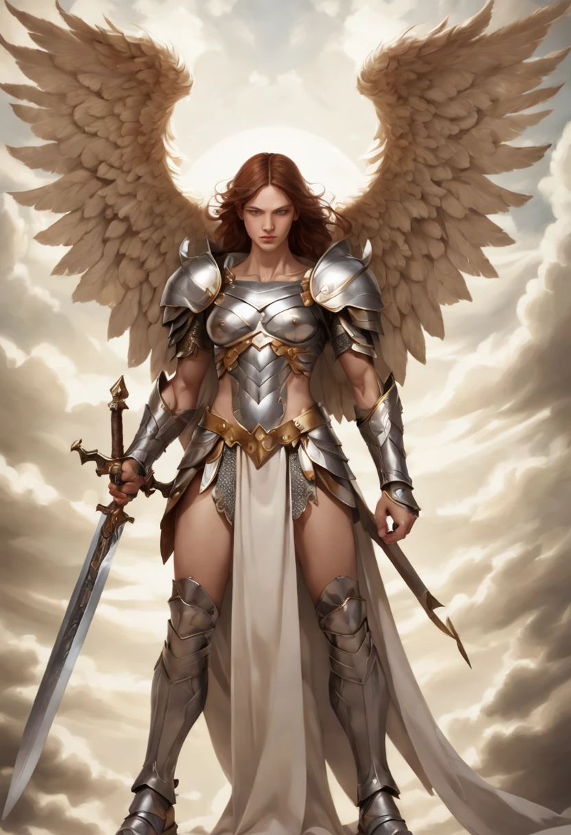 Strong angel with heavenly armor, With shield sword, Seven Wings, Ready for Battle