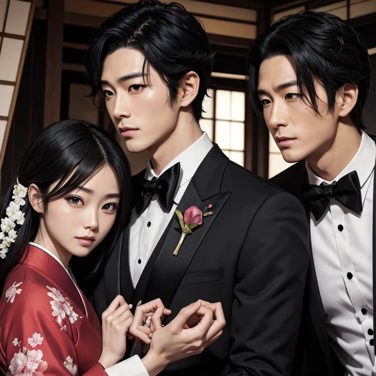 Real Japanese handsome man、black hair、Tuxedo